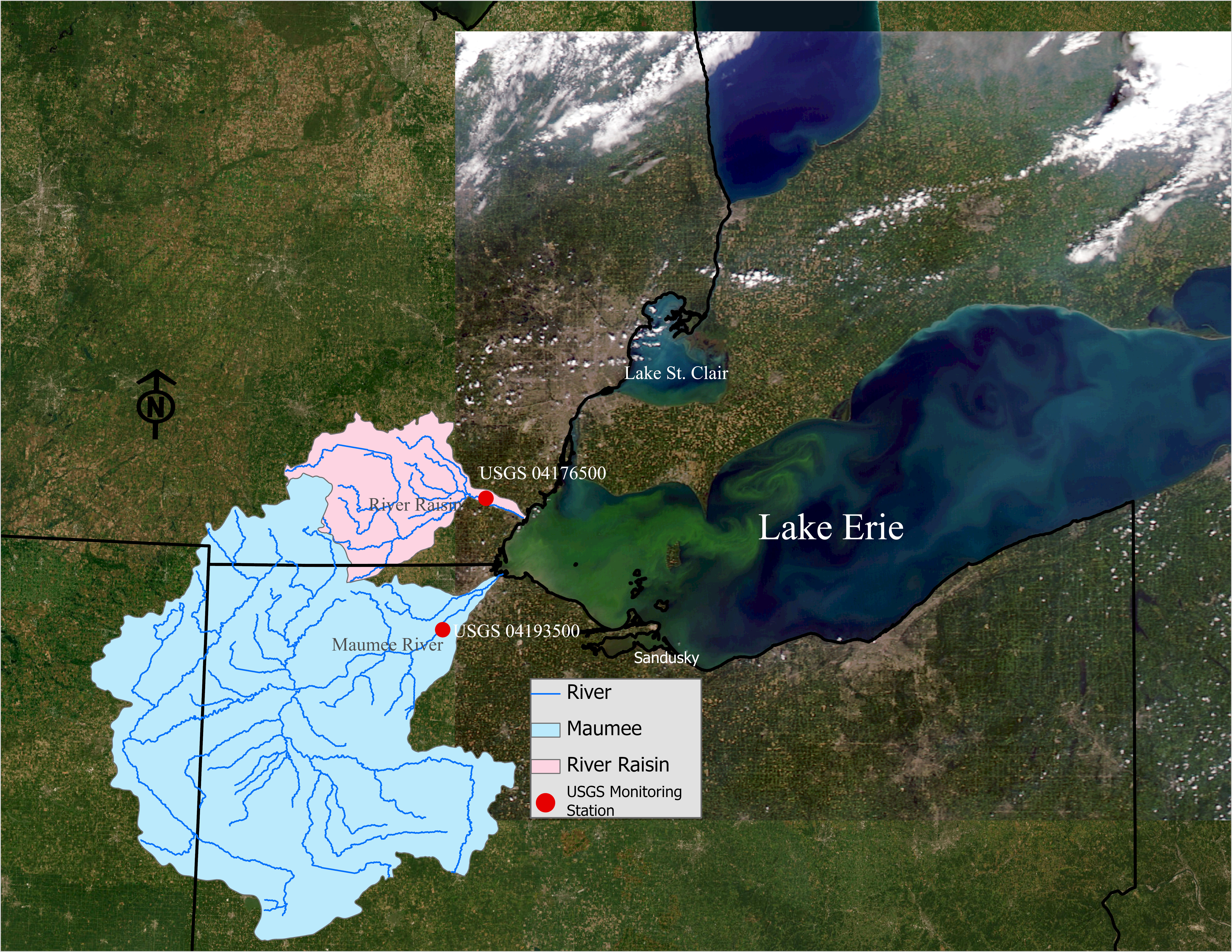 Alt text: Map of western Lake Erie showing the Maumee River and River Raisin watersheds, major tributaries, and USGS monitoring stations. The Maumee watershed is highlighted in light blue, the River Raisin watershed in pink, and Lake Erie and Lake St. Clair are labeled on the satellite basemap.&nbsp;